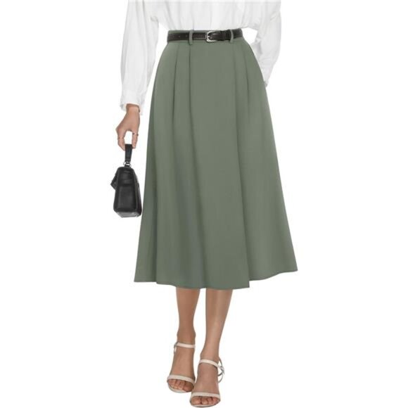 Women's High Waisted Midi Skirts with Pockets Green - Picture 1 of 6